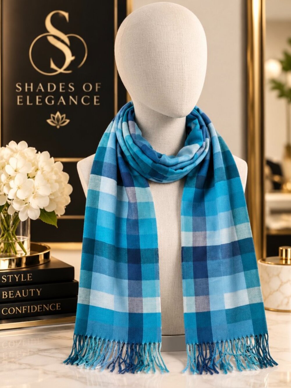 💙 Italian Pashmina Scarf — Blue & Teal Plaid 💙